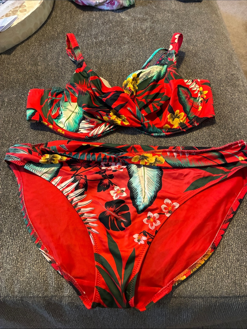 Fantasie Red Tropical Floral Bikini Set top 38DD bottoms large